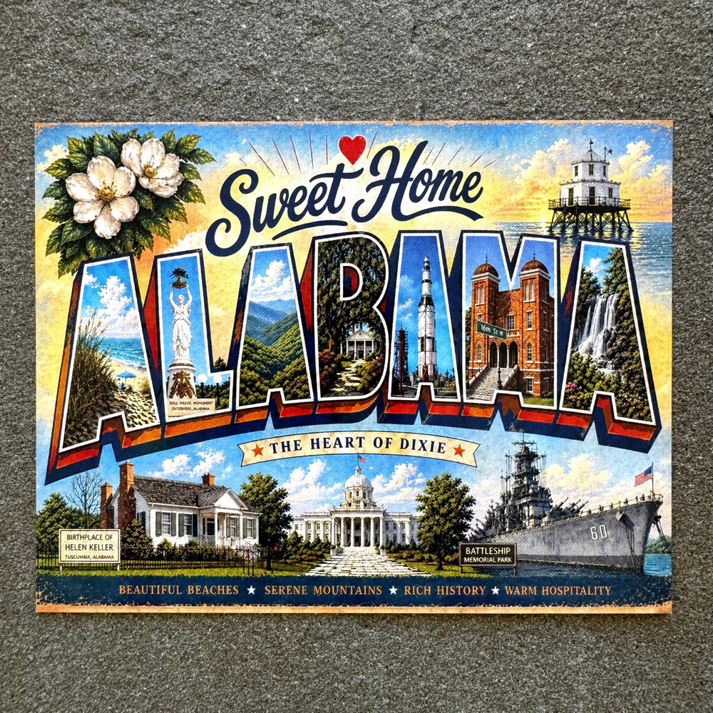 Vintage-style Sweet Home Alabama postcard print featuring iconic Alabama landmarks, beaches, mountains, and Southern travel-inspired artwork.