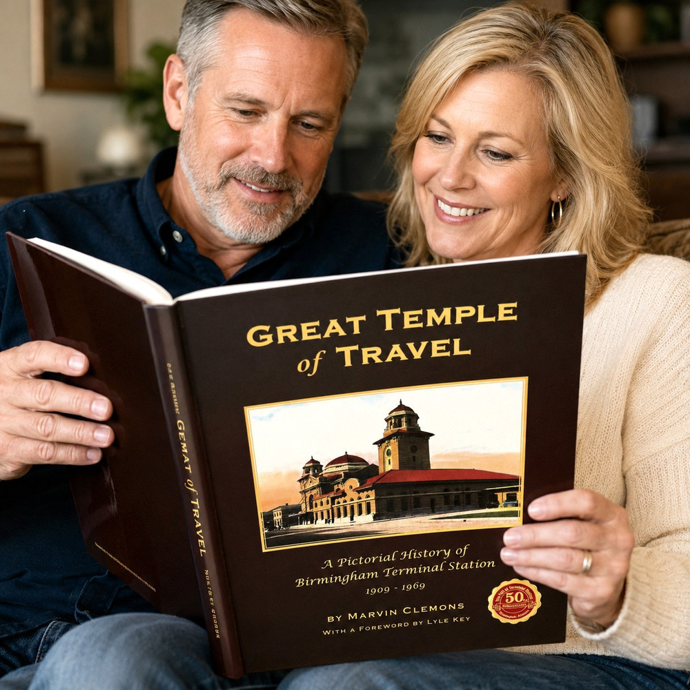 Birmingham Terminal Station history book hardcover featuring historic photograph of the station, a pictorial history of Birmingham, Alabama railroad landmark from 1909–1969.