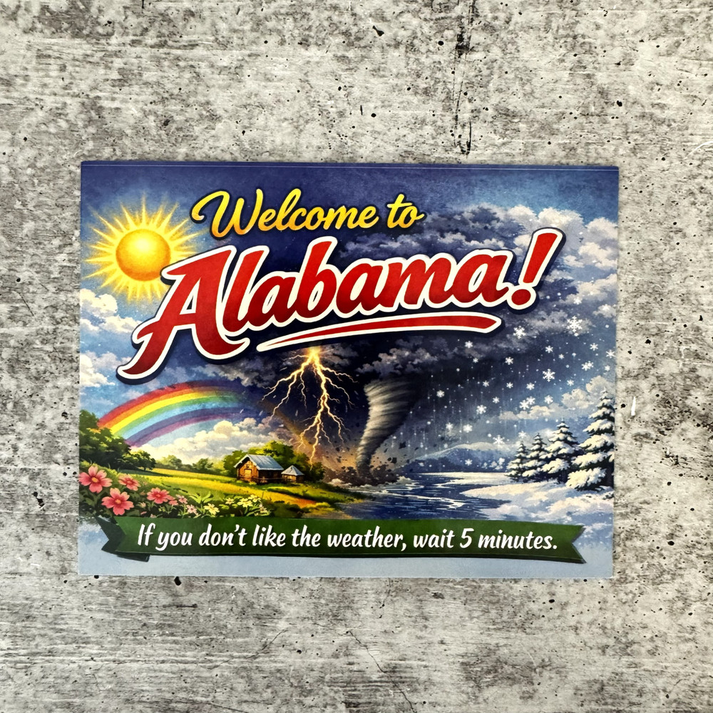 Welcome to Alabama weather postcard featuring sunshine, rainbow, tornado, snow and humorous saying, Alabama souvenir postcard, designed in Alabama travel keepsake