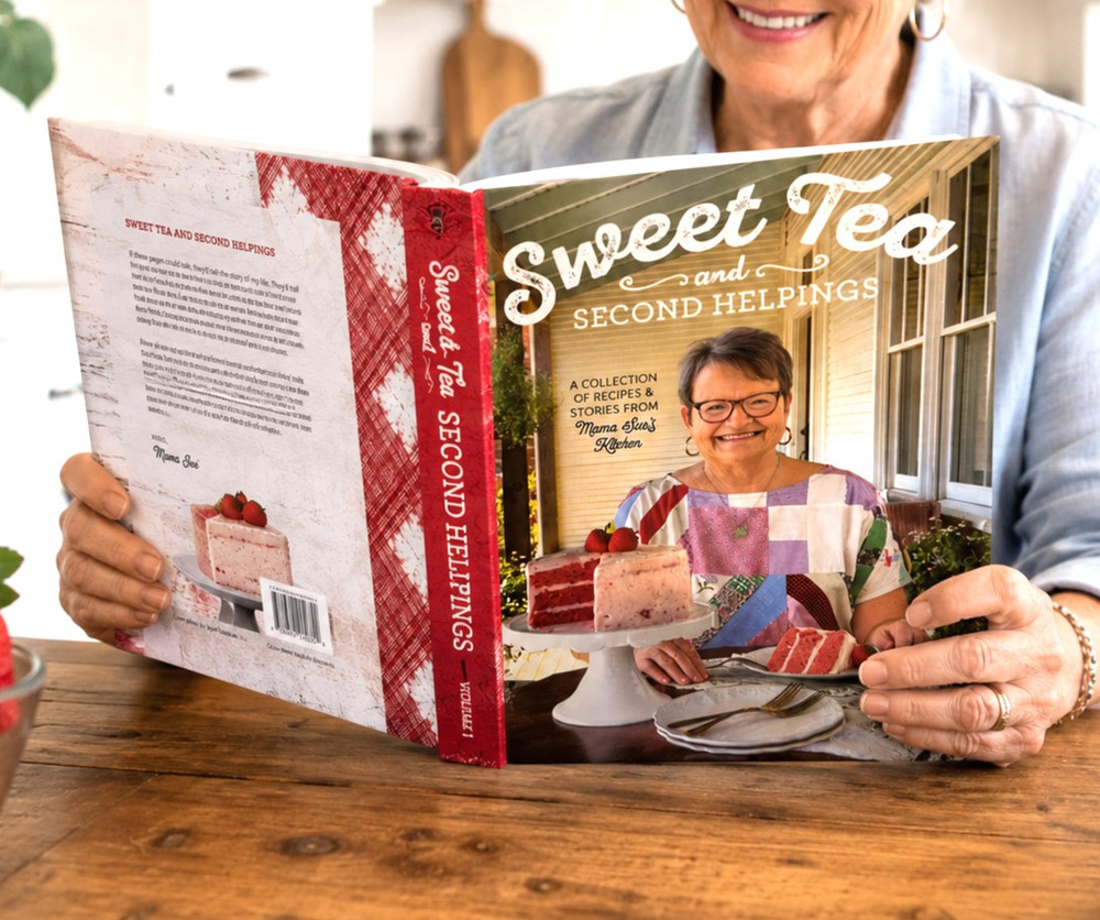 Sweet Tea and Second Helpings hardcover Southern cookbook featuring family recipes, desserts, comfort food, and stories from Mama Sue's kitchen. Created in Alabama and perfect for gifting.