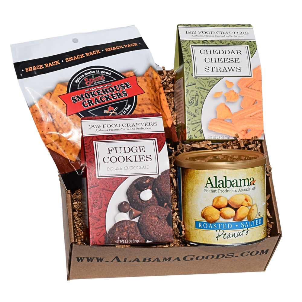 Better Together mindful Alabama gift box with BBQ crackers, roasted salted peanuts, chocolate cookies and cheddar cheese straws from purpose-driven businesses.