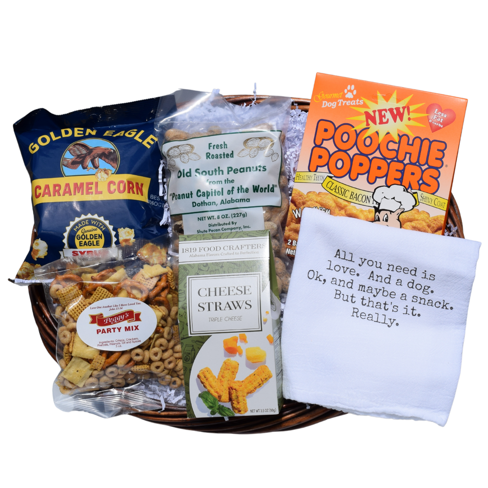 Pooches Gracias dog lover gift basket with Alabama-made caramel corn, cheese straws, roasted peanuts, party mix, dog treats and dog-themed kitchen towel.
