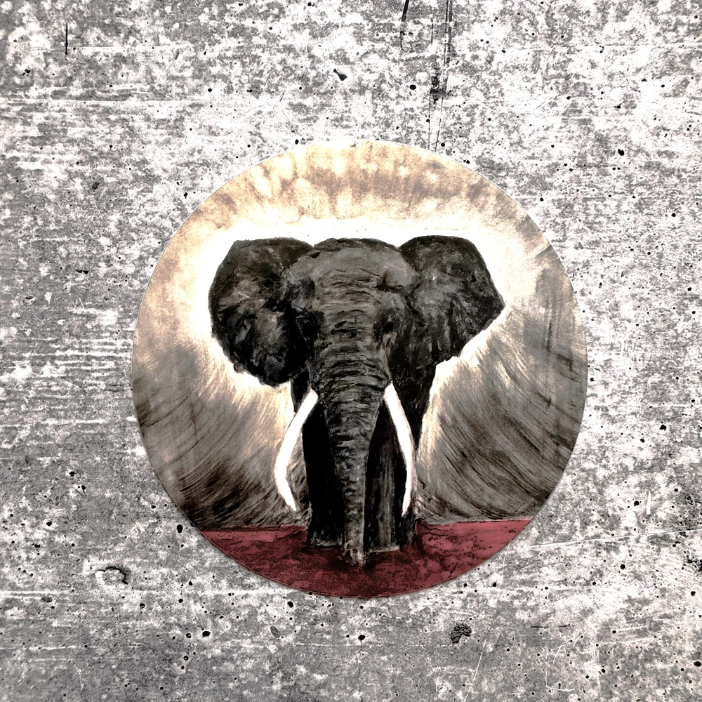 Alabama elephant art sticker featuring a dramatic black elephant with crimson accents, a distinctive Alabama-inspired gift for fans, students and alumni.
