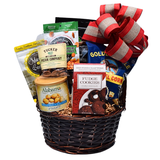 Sweet Home Selections Alabama gift basket with caramel corn, roasted peanuts, cheese straws, cinnamon pecans, lemon cookies, salsa poppers and ranch crackers.
