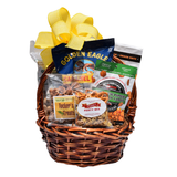 Snacks Supreme Alabama gift basket with double chocolate cookies, caramel corn, roasted peanuts, pecans, BBQ crackers, salsa poppers and party mix.