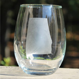 Alabama stemless wine glass handpainted by Elizabeth Mize, featuring etched state design on clear glass