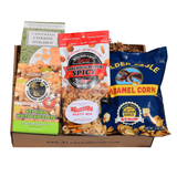 Alabama gourmet snack gift box with cheese straws, caramel corn, key lime cookies, spicy poppers, and Party Mix.