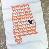 Tiger Heart Auburn towel displayed in a bright Southern kitchen, cotton flour sack towel with tiger heart design, Auburn fan gift towel, Alabama goods kitchen textile