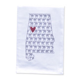 Elephant Heart Crimson towel hanging in a kitchen, Alabama-themed cotton towel with crimson elephant heart design, University of Alabama fan gift towel