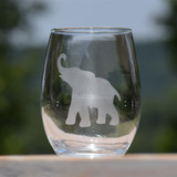 Elephant stemless wine glass with etched design, Alabama-themed gift glass, modern stemless wine glass for tailgates, entertaining, and gifting