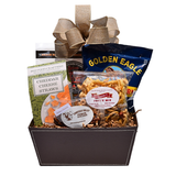 Alabama snack gift basket with cheese straws, caramel corn, roasted peanuts, cinnamon pecans, party mix and BBQ crackers in a leather-like keepsake container.