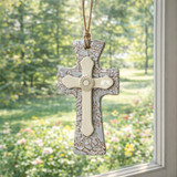 Trinity cross ornament handmade clay, Alabama artisan pottery, faith-based décor, Christian gift, neutral clay cross displayed on wall or Christmas tree