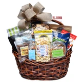 Executive Gourmet Showcase Alabama gift basket with cheese straws, coffee, cookies, pecans, brittle, popcorn, caramels, peanuts, crackers, and savory snacks in a large wicker basket.