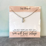 Silver feather necklace with Psalm 91:4 scripture card, Christian gift for comfort and protection