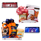 Tailgate Treats Alabama and Auburn college football gift trays with Southern snacks, school-color bows and reusable license plate-style serving trays.
