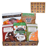 Alabama Christmas holiday gift box with chocolate cookies, cheese straws, milk chocolate pecans, BBQ crackers, salsa poppers and Christmas Mule Mix.