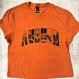 Auburn Tigers graphic tee featuring iconic landmarks and artwork by an Alabama artist. A soft, premium Auburn shirt perfect for game day or gifting.