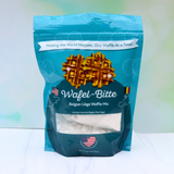 Belgian waffle mix with pearl sugar on plate, caramelized golden waffles, Alabama made waffle mix packaging, homemade Belgian waffles close-up