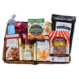 Gratitude Galore gourmet gift basket featuring Alabama-made snacks, artisan sweets, crackers, kettle corn, pecans, cookies, and corporate gift packaging from women-owned and veteran-owned businesses.