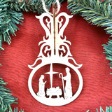 Wooden 3D Nativity ornament hanging on Christmas tree, handcrafted Alabama wooden Nativity decoration, layered wood religious ornament