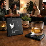 Alabama slate coaster featuring engraved Alabama state outline and eagle design on natural black slate stone, perfect for home bars, gifts, and Southern décor.