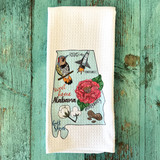 Sweet Home Alabama tea towel microfiber kitchen towel Alabama state design with icons cotton peanuts Saturn V rocket camellia yellowhammer alt text