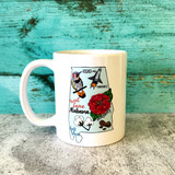Sweet Home Alabama illustrated coffee mug with Alabama outline and state symbols, Southern gift mug