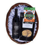 Sip & Savor Wine Gift Basket featuring Corbin Farms Chardonnay or Sangiovese with gourmet crackers and savory snacks, beautifully packaged for gifting by Alabama Goods.