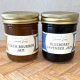 Silverwood Farms gourmet jams featuring Blueberry Lavender and Peach Bourbon flavors in glass jars