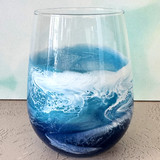 Ocean Resin Wine Glass with hand-painted coastal waves and glossy resin finish, artisan-crafted for wine lovers, beach homes, and unique gifts.