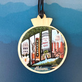 Birmingham postcard-style ornament featuring hand-painted landmarks like Vulcan and Sloss Furnaces