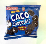 Chocolate cookie sandwich bites with vanilla crème filling in 1 oz bag, Alabama-made Bud’s Best Cookies, bite-sized snack packaging