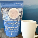Creamy Norwegian white hot chocolate mix in a giftable package from Alabama Goods, inspired by homemade Southern cocoa traditions.