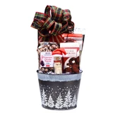 Snow Much Goodness Alabama holiday gift basket with peppermint chocolate popcorn, chocolate cookies, peanut brittle, ranch crackers, chocolate-covered cherries, peppermint cookies, marshmallow snowman, and winter keepsake bucket.