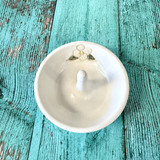 Handmade ceramic dogwood ring dish with satin white finish, jewelry holder with center stem for rings, elegant gift for weddings and bridesmaids