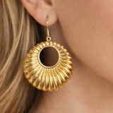 Sunburst brass hoop earrings with ruffled texture, gold statement earrings, lightweight open center design, Alabama jewelry gift for her
