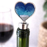 Ocean Heart Wine Bottle Stopper with blue coastal resin art and polished metal base, decorative wine gift for beach lovers and coastal home décor