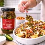 Candied jalapeños Cowboy Candy made in Alabama. Sweet and spicy gourmet topping for burgers, charcuterie boards, and unique food gifts.