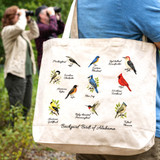 Backyard Birds of Alabama canvas tote bag with colorful Alabama bird illustrations and reusable market bag design
