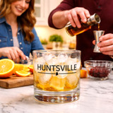 Huntsville Alabama whiskey glass with weighted base and Alabama silhouette for bourbon cocktails and home bars