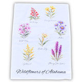 Wildflowers of Alabama tea towel featuring watercolor illustrations of native Alabama flowers including asters, goldenrod, wild phlox, and evening primrose.