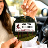 Go to Church Alabama roadside sign ornament featuring a vintage Alabama highway landmark on a round decorative Christmas ornament with rustic jute hanger.