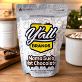 Mama Sue's Hot Chocolate Mix in a 20 oz resealable pouch, made in Alabama, gourmet chocolate hot cocoa mix for holiday gifts, cozy winter nights, and Christmas gift baskets.