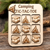 Camping Tic-Tac-Toe wooden game with campfire and s'mores pieces, handcrafted in Alabama, portable travel game for camping, cabins, RV trips, and family game nights.