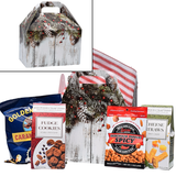Simple Joys Alabama Christmas snack gift tote with chocolate cookies, caramel corn, cheese straws and spicy crackers in festive pine and berry packaging.