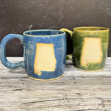 Handmade Alabama state mug stoneware pottery with stamped Alabama silhouette, artisan coffee mug made in Alabama with unique glaze