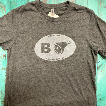 Birmingham “Bham” graphic t-shirt featuring a creative B and ham design on a soft poly/cotton tee, perfect for Alabama locals and gifts.