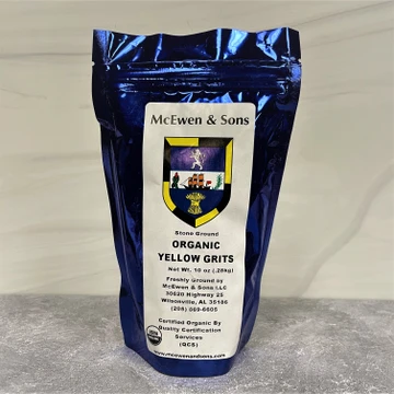 Stone ground grits in a 10 oz bag made in Alabama – McEwen & Sons organic corn grits (yellow, white, blue varieties)