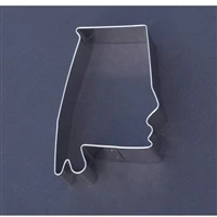 Alabama-shaped cookie cutter cutting dough into state shape
Baking cookies with Alabama cookie cutter on tray
Alabama cookie cutter close-up metal detail
Finished Alabama-shaped cookies decorated for party