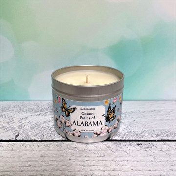Alabama scented candle tin, hand poured candle in metal tin, Alabama gift candle, travel candle, local Alabama candle gift, Huntsville made candle, Southern gift idea Cotton Fields
